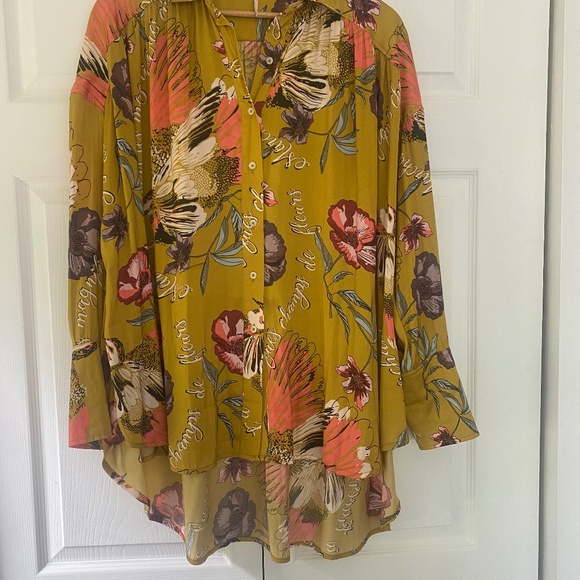 Free people yellow floral, satin oversized, button down blouse size extra small - Picture 1 of 6